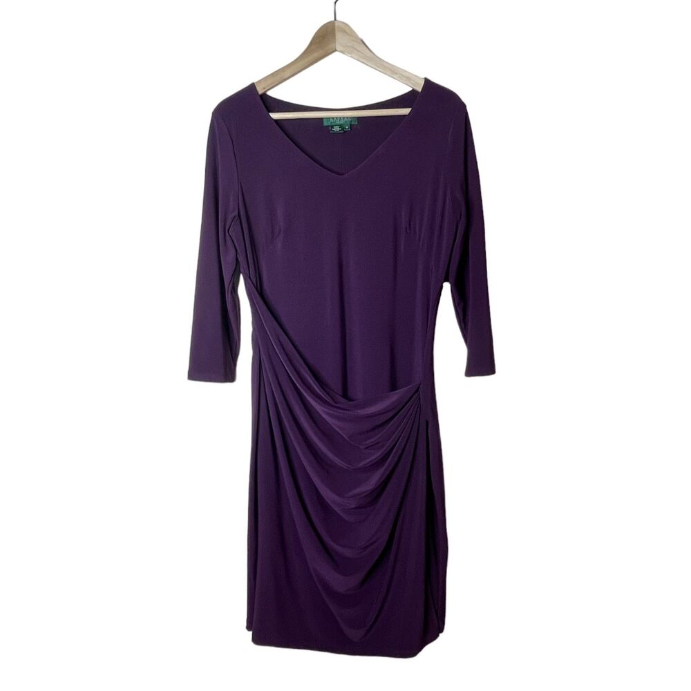 Lauren Ralph Lauren Purple Sheath Dress Sz 10 Faux Wrap V-Neck Midi 3/4 Sleeve